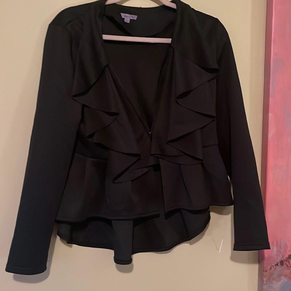 Black V neck blazer with detailed designs in front. Form fitting size US large